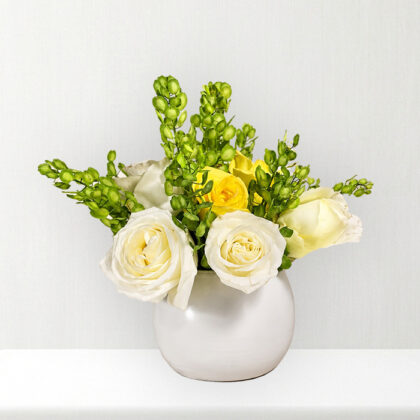 MACETA BLANCA CON ROSAS BLANCAS Y AMARILLAS